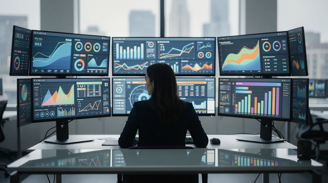 The image depicts a person seated at a desk surrounded by multiple monitor screens displaying vibrant analytics dashboards and data charts, showcasing various metrics related to search visibility and answer engine optimization tools. The colorful visuals represent insights into AI visibility and performance tracking, essential for marketing teams and AI-powered search engines.