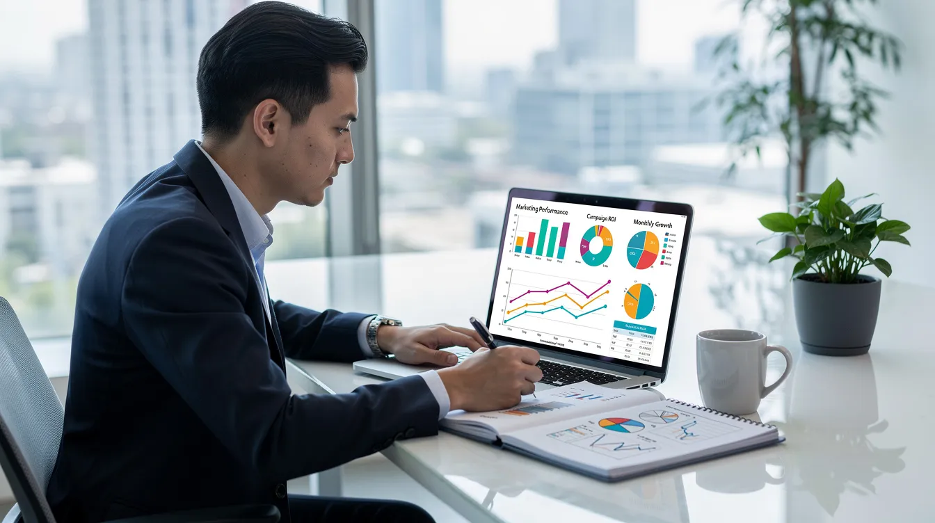 A marketing professional is seen in a modern office, intently reviewing colorful charts and graphs displayed on a laptop. The vibrant visuals likely represent data related to search visibility and brand performance, essential for effective answer engine optimization strategies.