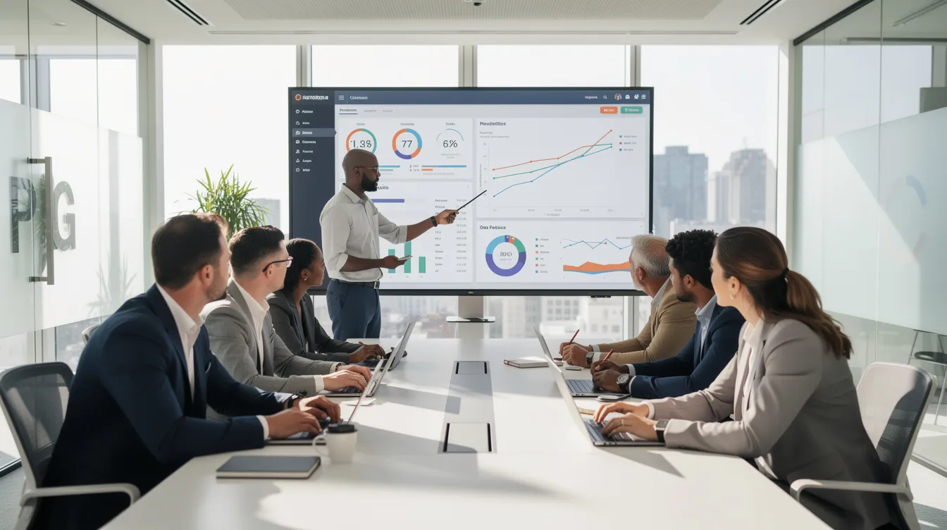 A diverse team of professionals is gathered around a conference table, intently focused on a large screen displaying detailed product analytics. The atmosphere suggests a collaborative environment where they are likely discussing strategies related to marketing visibility and the use of AI-powered tools for optimizing their brand's presence in search engines.