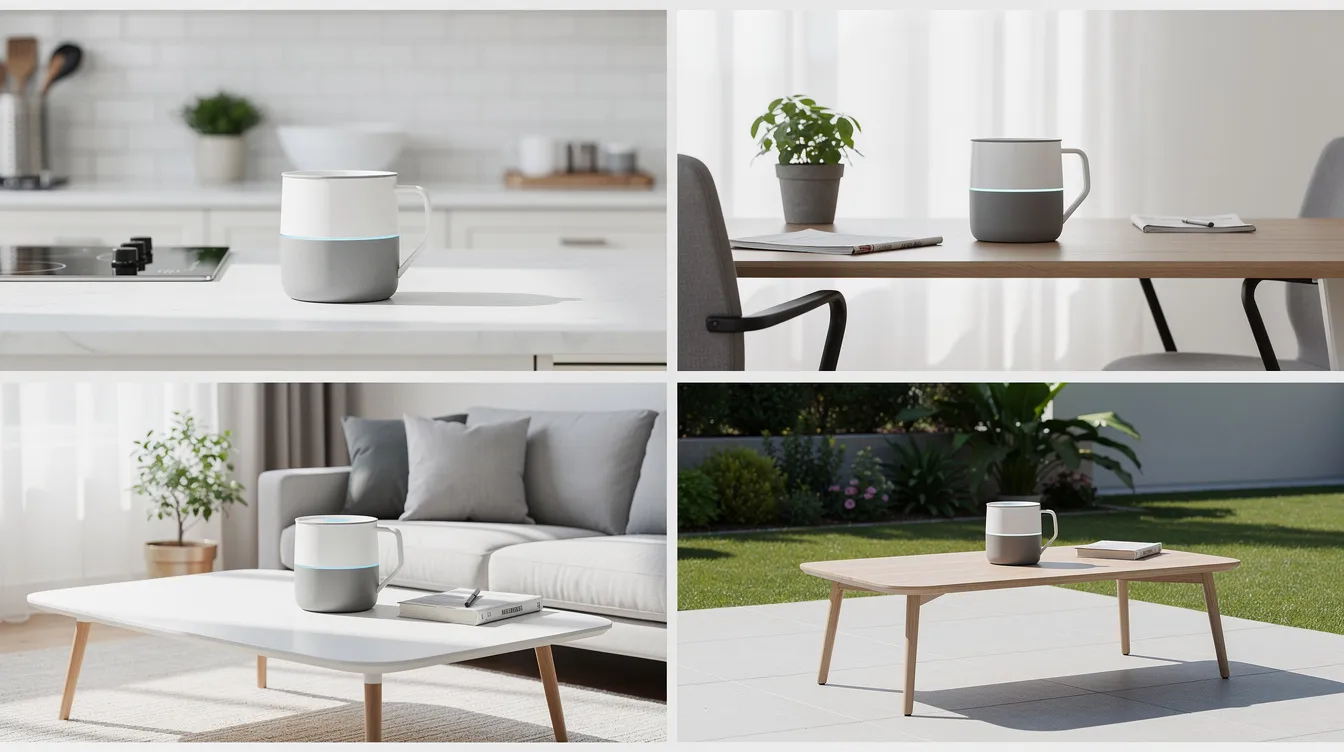 The image showcases an ecommerce product displayed in various lifestyle settings, all featuring consistent natural lighting and realistic shadows. This visually appealing arrangement emphasizes brand consistency and highlights the product's versatility, making it ideal for online shopping and enhancing customer engagement.
