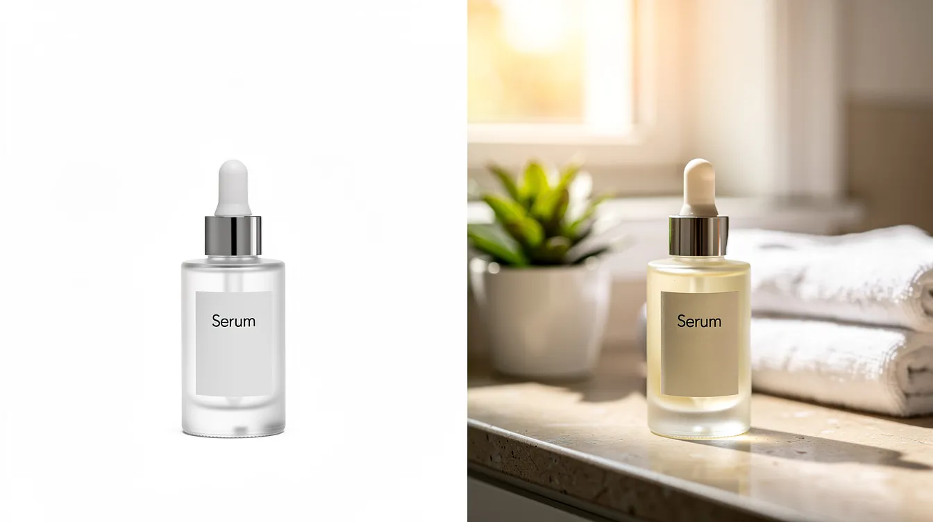 The image showcases a side-by-side comparison of a basic product photo and an enhanced lifestyle product image, highlighting the difference in image quality and visual appeal. The lifestyle image features realistic shadows and human models in engaging backgrounds, demonstrating the advantages of using an AI product photography tool for e-commerce to improve brand consistency and customer engagement.