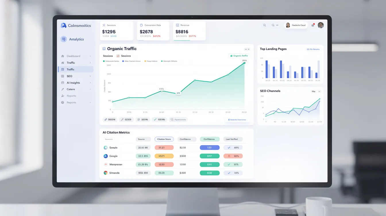 The image displays an eCommerce dashboard featuring graphs that illustrate organic traffic growth, alongside AI citation metrics. This visual representation highlights key performance indicators related to SEO services and AI-driven search visibility, showcasing the effectiveness of technical SEO strategies.