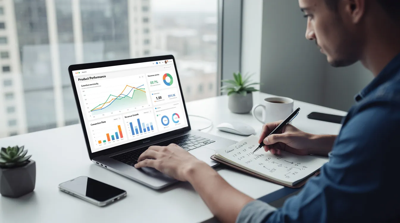 A person is focused on analyzing product performance data on a laptop in a sleek, modern workspace, surrounded by materials that suggest a strong emphasis on amazon listing optimization and keyword research. The screen displays graphs and charts that highlight key metrics relevant to optimizing amazon listings for better search visibility and increased sales.