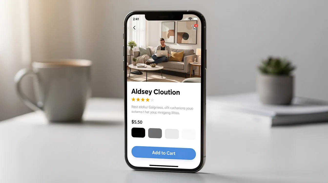 The image shows a smartphone screen featuring a vibrant product detail page filled with lifestyle photography, highlighting key features and benefits of the product. This visually rich display is designed to enhance search visibility and optimize listings for Amazon sellers, ultimately driving sales and improving conversion rates.