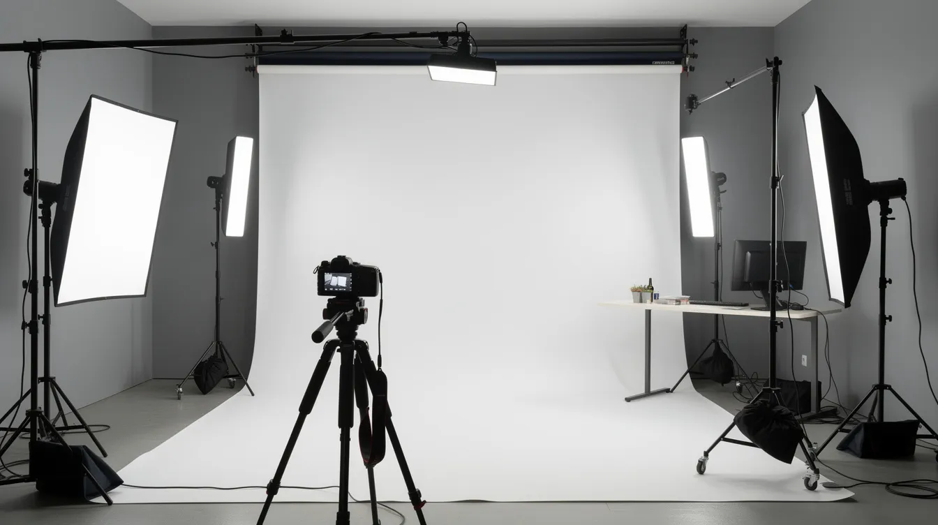 The image depicts a professional product photography studio equipped with various lighting setups and a camera mounted on a tripod, ideal for creating high-quality images that enhance product visibility and optimize Amazon listings. This setup is essential for Amazon sellers looking to boost conversion rates and improve their search rankings through effective listing optimization services.