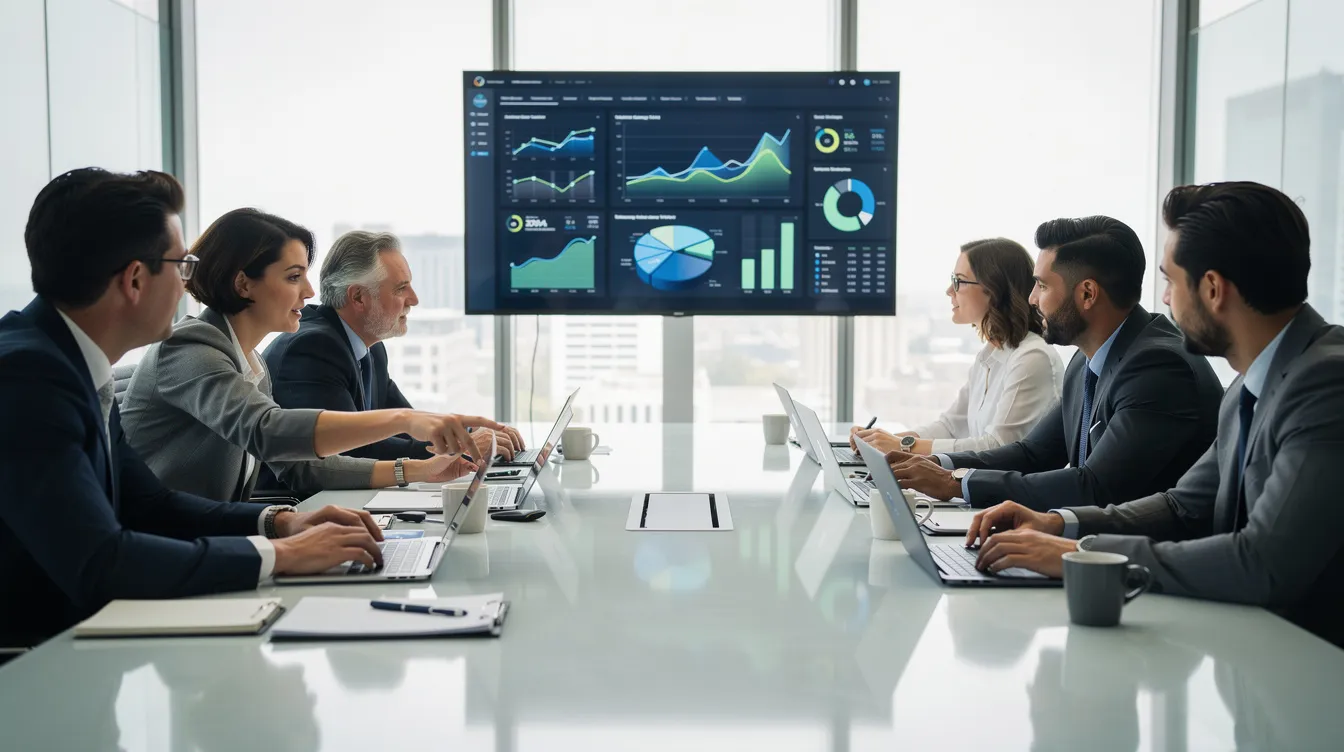 A diverse team of professionals is collaborating around a conference table, with laptops open displaying analytics dashboards that feature data on amazon listings and keyword performance. They are engaged in a discussion focused on optimizing their strategies to improve search visibility and drive sales in the competitive marketplace.