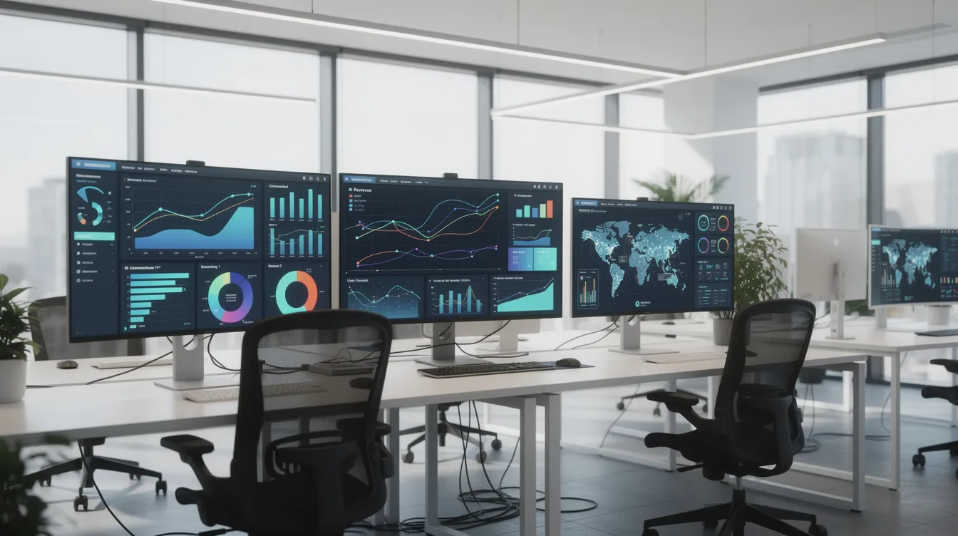 The image depicts a sleek modern office space filled with multiple computer screens showcasing various analytics dashboards and data visualizations, emphasizing the importance of AI-powered SEO services and search visibility in digital marketing strategies. The environment reflects a focus on technical SEO and the use of AI tools to enhance online presence and improve search rankings.