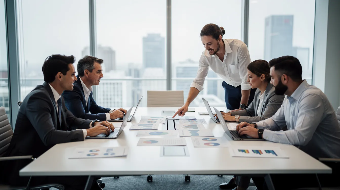 The image shows a professional team collaborating around a large conference table, engaged in discussions with laptops open and various charts and graphs displayed. This scene highlights teamwork and strategy, essential for optimizing search visibility and implementing effective SEO services.