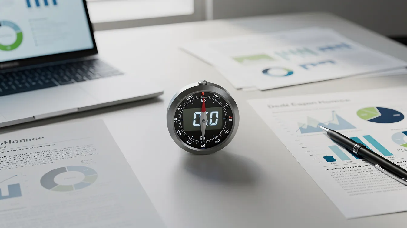 The image features a digital compass placed on a modern desk, surrounded by various business documents and a sleek laptop, symbolizing direction and strategy in the digital marketing landscape. This setup reflects the importance of tools like AI-powered SEO services for enhancing search visibility and optimizing online presence.