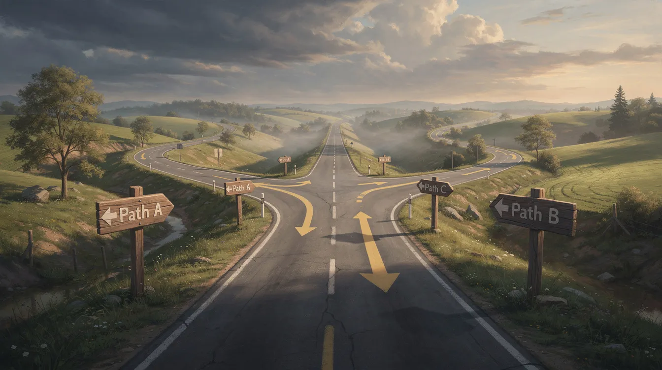 The image depicts a winding road at a crossroads, featuring multiple path options and signposts that suggest different directions. This scene symbolizes the choices available in navigating search visibility and optimization strategies, similar to the services offered by an AI SEO agency, which can enhance your online presence and improve search performance.