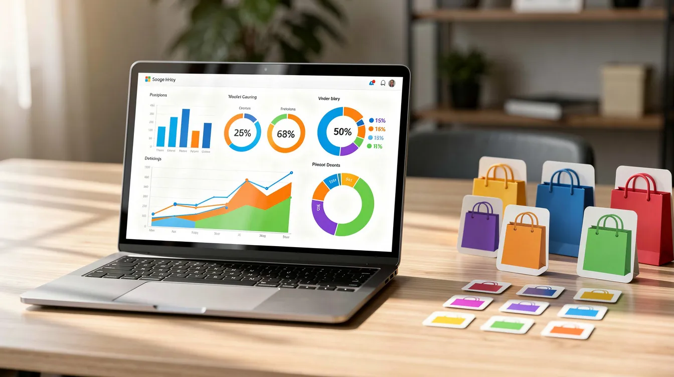 The image shows a laptop on a desk, displaying vibrant analytics charts and graphs, along with shopping bag icons nearby, symbolizing ecommerce email marketing efforts. This setup highlights the importance of using an effective email marketing service to analyze customer behavior and optimize marketing strategies.