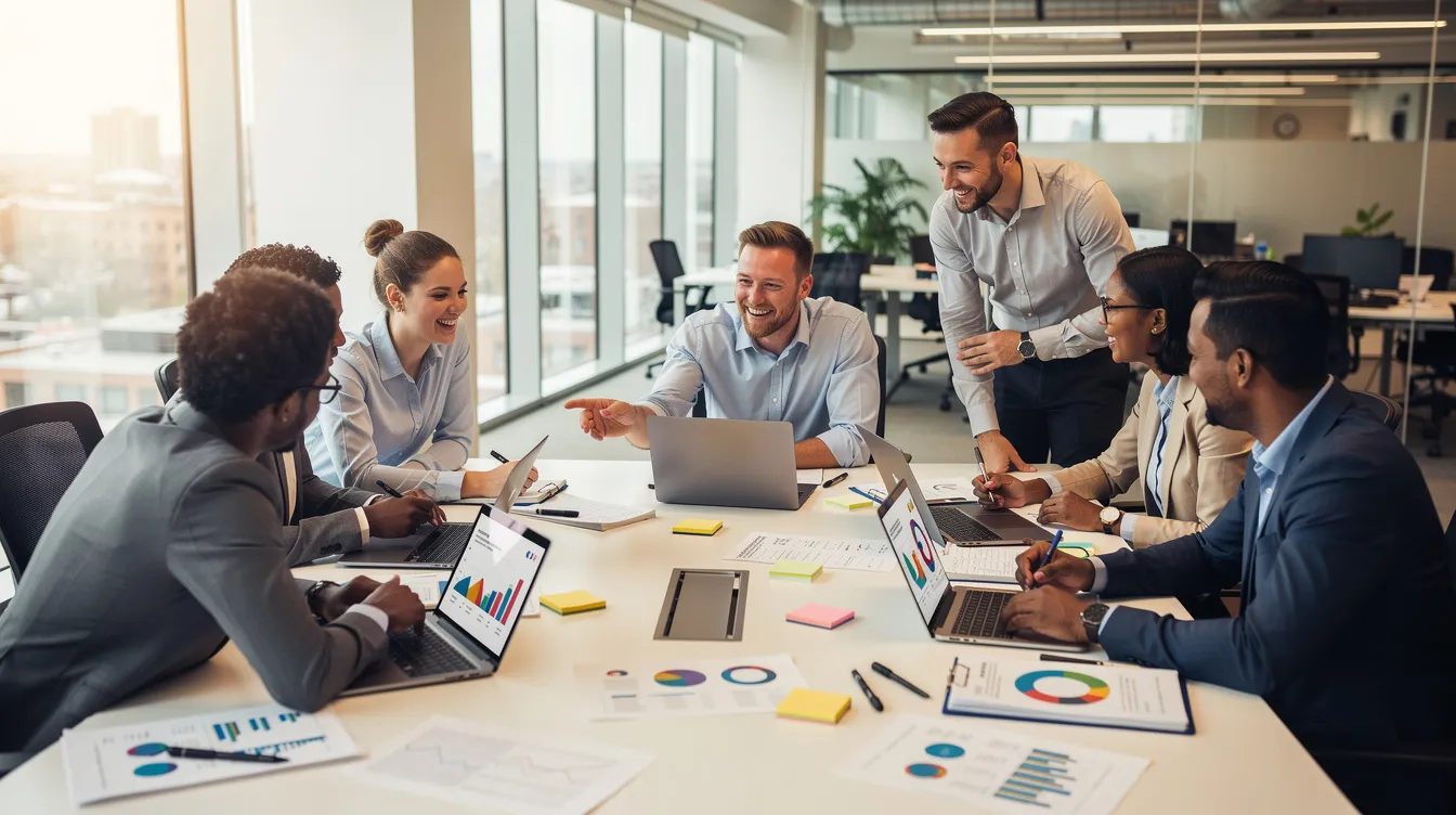 The image depicts a diverse group of marketing professionals collaborating around a large table filled with laptops and notebooks, actively discussing strategies for their email marketing campaigns. They are engaged in a brainstorming session, likely focusing on optimizing their email marketing efforts using advanced automation tools and customer data insights.