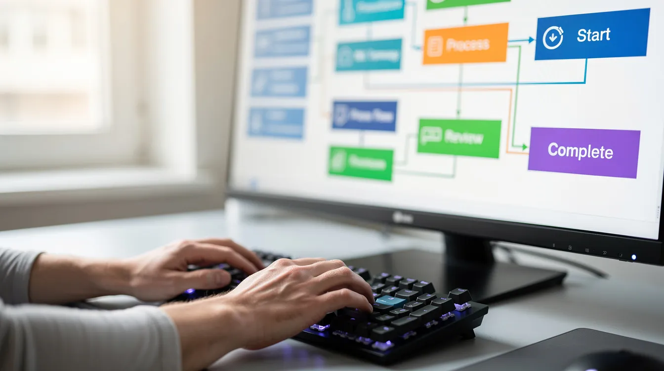 The image shows a person's hands actively typing on a keyboard, while a large monitor displays vibrant workflow diagrams and flowcharts, likely illustrating an email marketing strategy. This setup suggests the use of advanced email marketing software to manage campaigns and enhance customer engagement through various marketing channels.