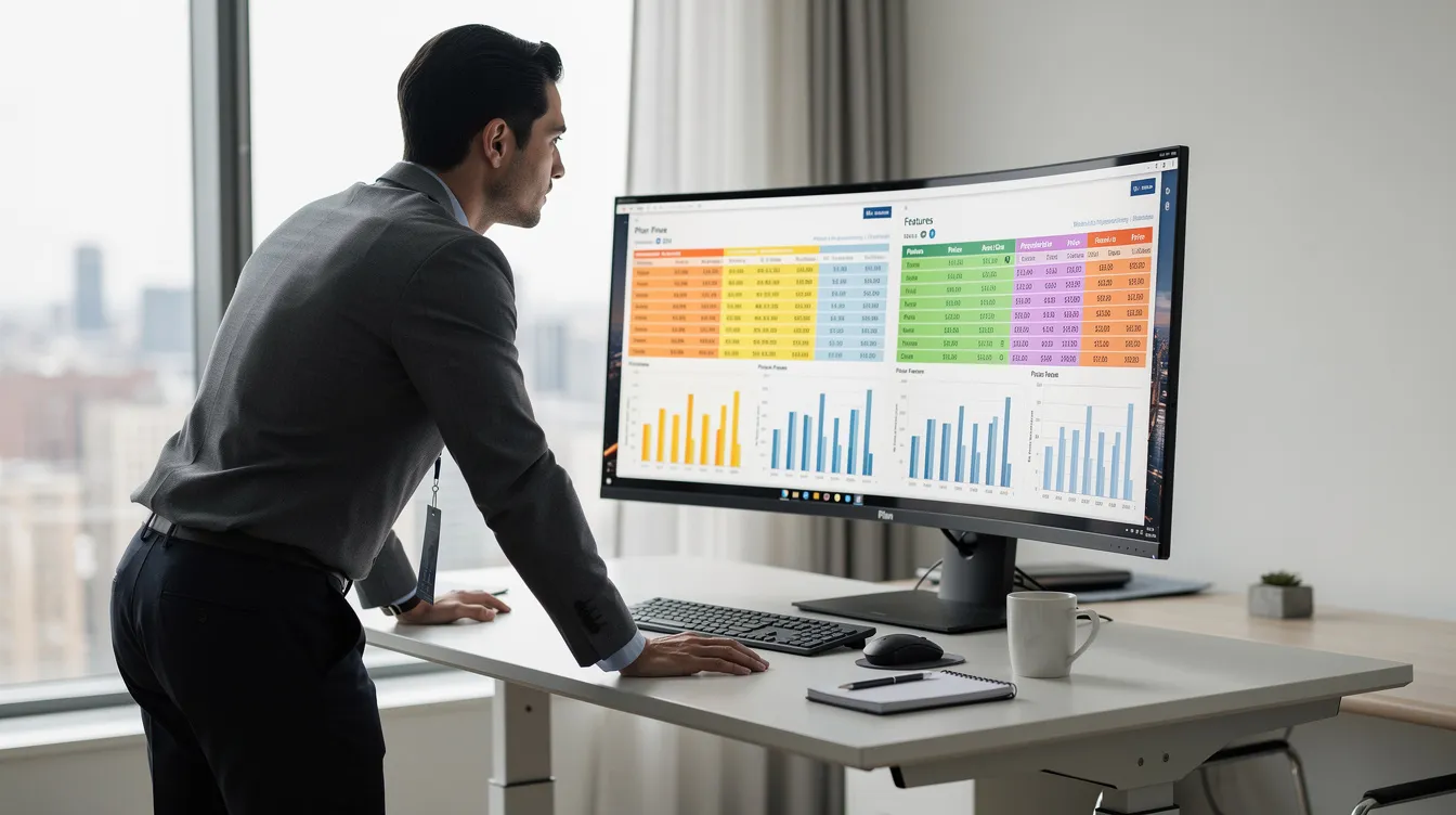 A person is standing at a desk, focused on a large monitor that displays various comparison charts and pricing tables related to email marketing services and tools. The setup suggests an analysis of different email marketing platforms, highlighting features like automation and campaign management for ecommerce brands.