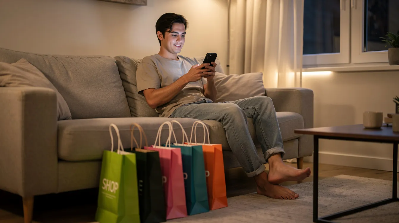 A person is sitting comfortably on a couch, browsing their phone with shopping bags placed beside them, suggesting an engaging online shopping experience. This scene reflects the growing trend of ecommerce, where individuals can explore products and make purchases through their devices, highlighting the importance of effective PPC advertising strategies for ecommerce brands.