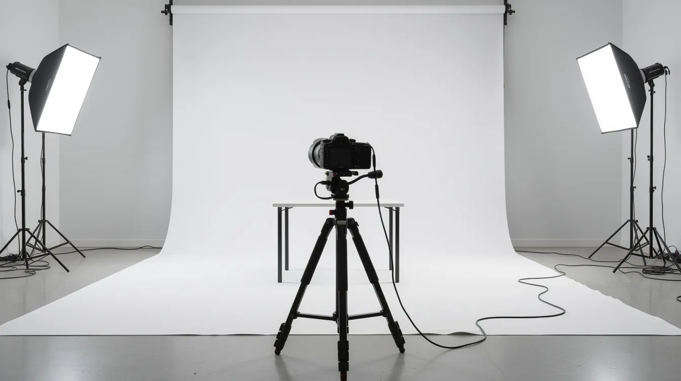 The image depicts a professional product photography setup featuring a white backdrop, a camera mounted on a tripod, and various lighting equipment, ideal for ecommerce businesses aiming to showcase their products effectively. This setup is essential for creating high-quality images that can enhance conversion rates in PPC advertising campaigns.