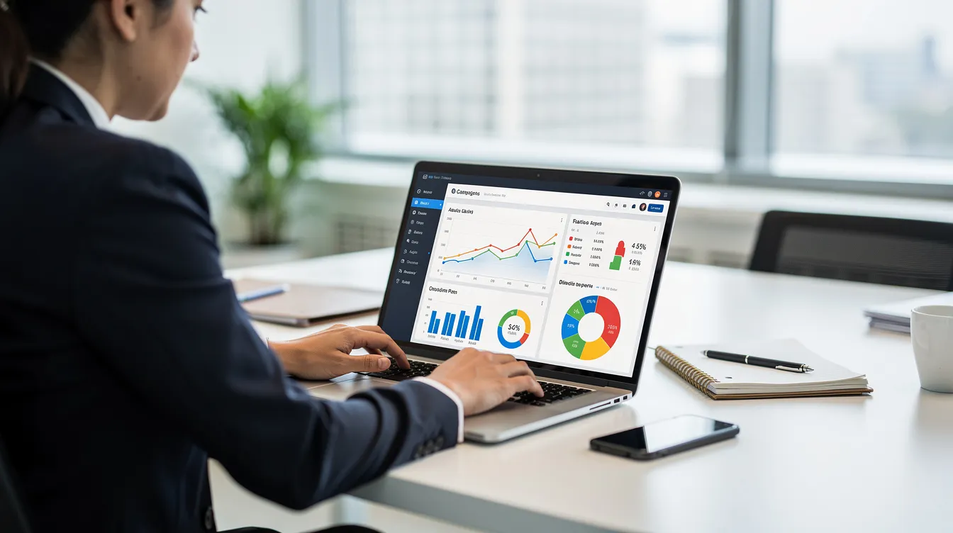 A marketing professional is seated at a desk, intently analyzing campaign performance data on a laptop, with various charts and graphs displayed on the screen. This scene highlights the importance of PPC management services in evaluating ad spend and optimizing digital marketing efforts.