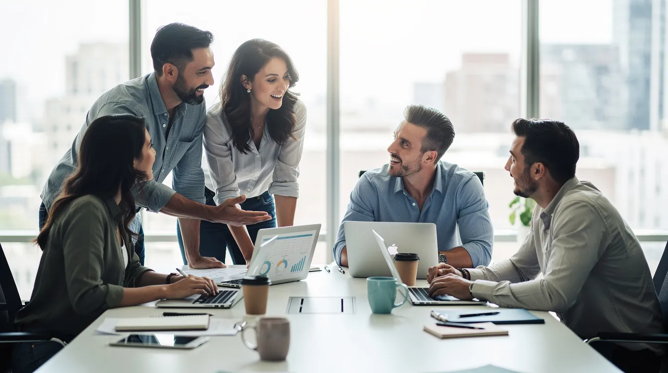 A diverse team collaborates around a conference table, equipped with laptops and coffee cups, as they discuss strategies for PPC management and ad campaigns. The atmosphere is focused and energetic, highlighting their commitment to optimizing monthly ad spend and enhancing digital marketing efforts.