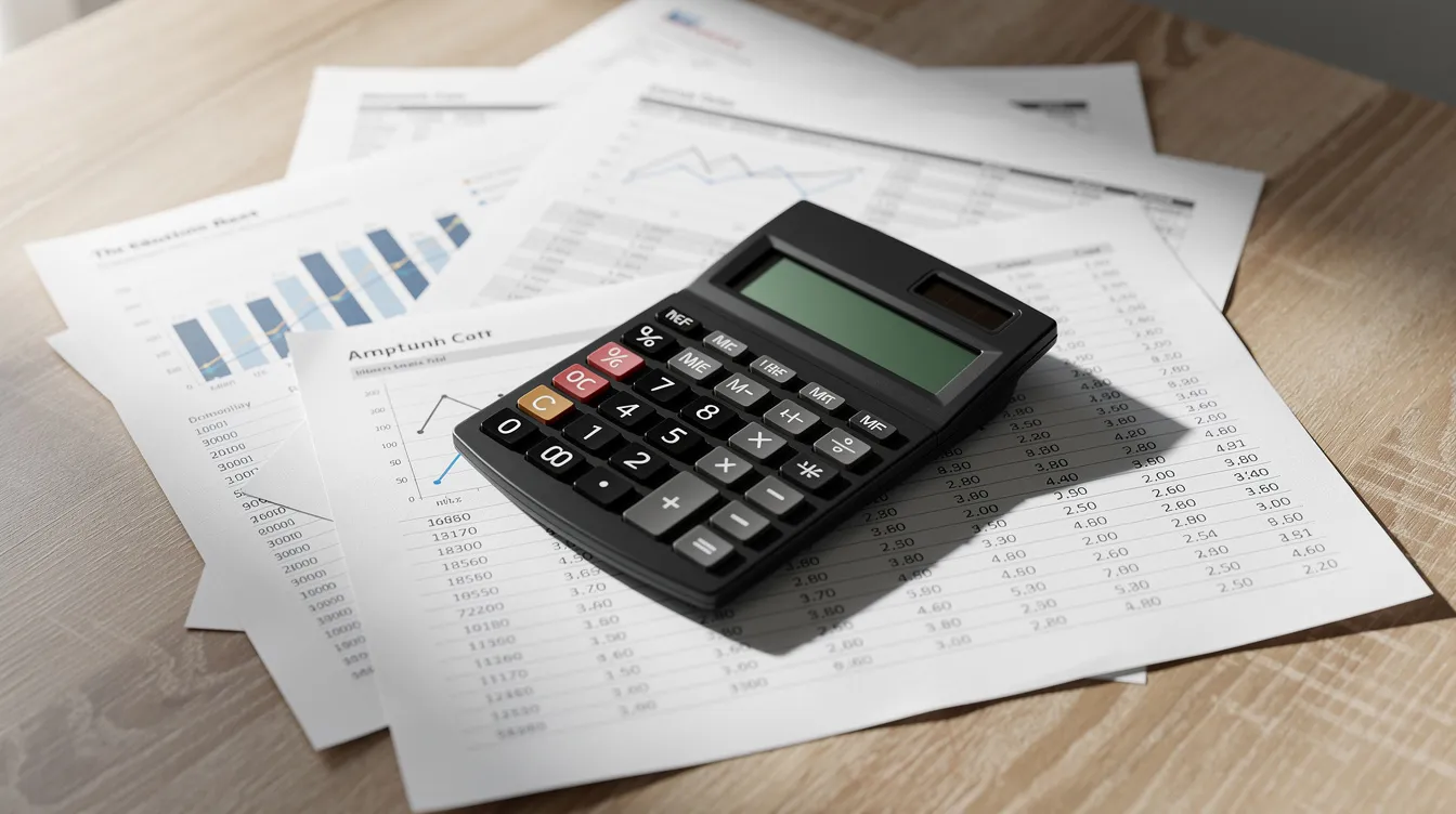 The image depicts a calculator resting on a stack of printed financial reports and spreadsheets on a wooden desk, symbolizing the analysis of ad spend and budgeting for PPC management services. This setting suggests a focus on tracking monthly ad spend and optimizing PPC campaigns for effective digital marketing.