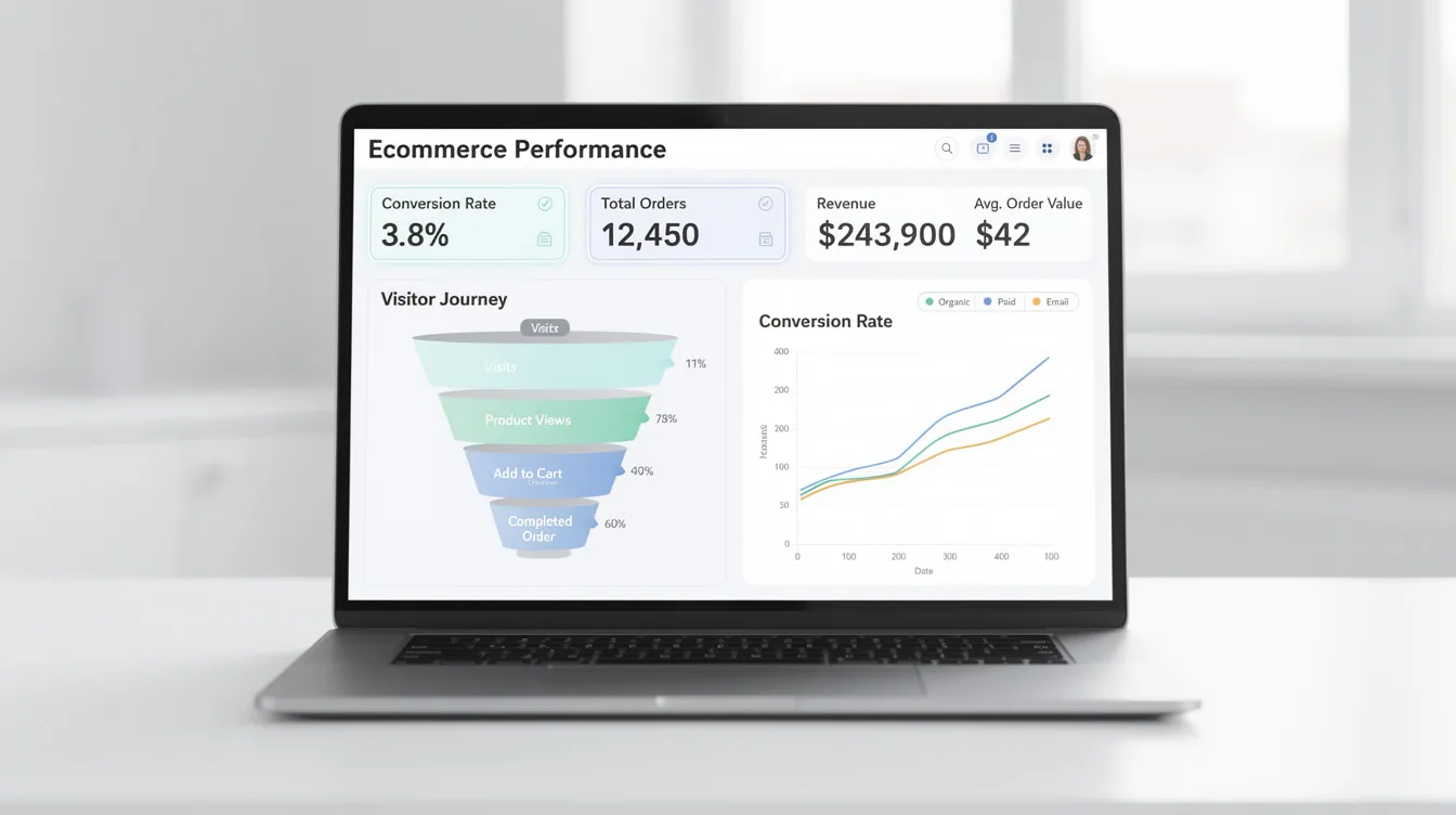 The image displays a clean ecommerce dashboard on a laptop screen, showcasing various conversion metrics and funnel analytics. Key elements include average conversion rates, checkout flow details, and insights for optimizing conversion rates for Shopify stores.
