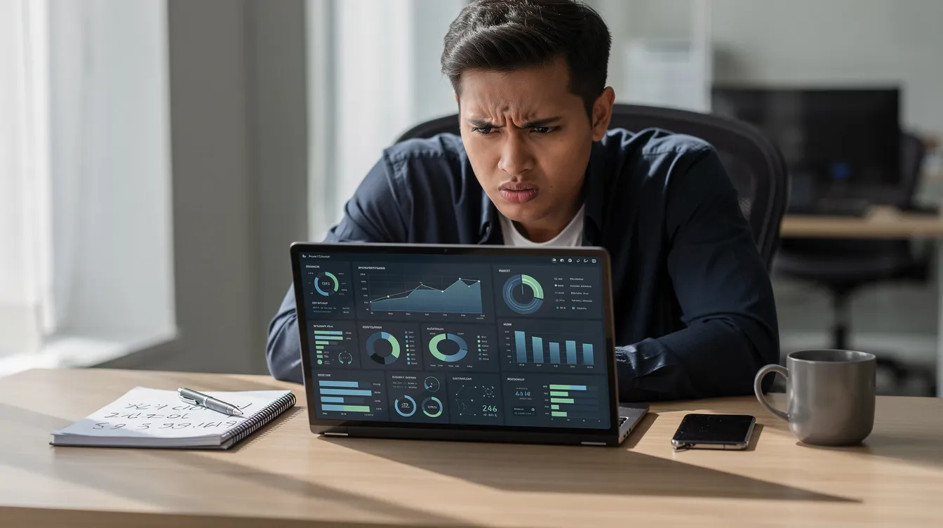 A person is sitting at a desk, looking intently at a laptop screen displaying various Shopify analytics charts, with a concerned expression on their face, likely reflecting worries about traffic quality and potential conversion problems for their eCommerce brand. The scene captures the challenges many Shopify stores face, such as high bounce rates and the struggle to achieve consistent sales despite existing traffic.