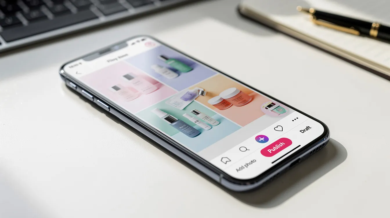 The image features a smartphone screen displaying a social media content creation interface, where product photos are being arranged for an ecommerce brand's marketing strategy. This setup highlights the importance of high-quality images and effective product presentation to enhance Shopify product pages and attract potential customers.
