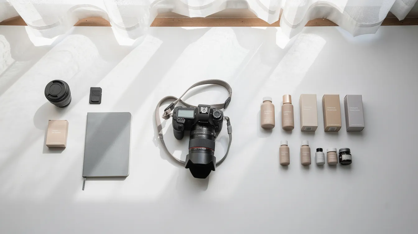 This flat lay photography setup features a camera, various product samples, and a well-arranged natural lighting source on a clean white surface, ideal for capturing high-quality images for Shopify product pages. The setup emphasizes the importance of product presentation and marketing strategy for eCommerce brands aiming to improve their traffic quality and conversion rates.