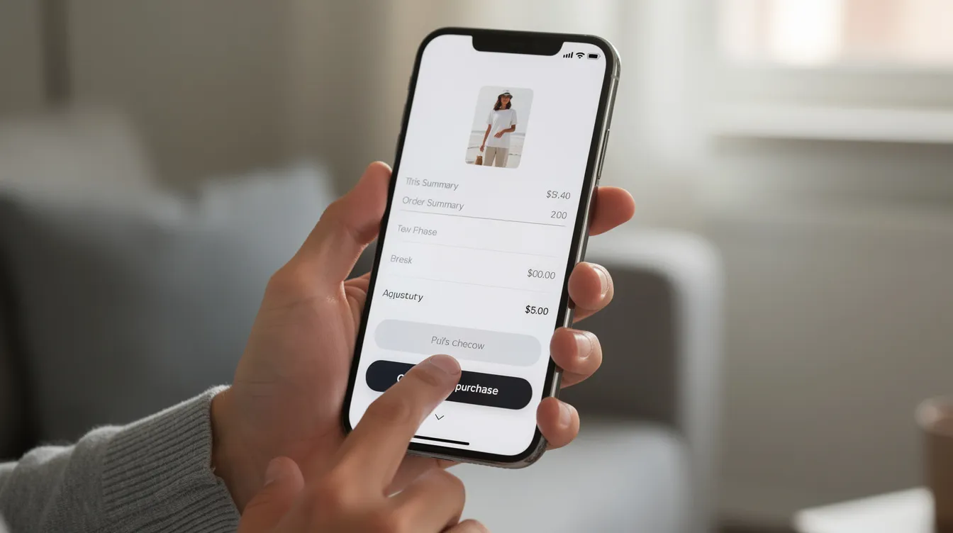 A person is completing a purchase on their smartphone, displaying a clean and simple checkout screen that emphasizes transparent pricing and limited payment options. This image highlights the importance of optimizing the checkout process to reduce cart abandonment and improve sales on Shopify stores.